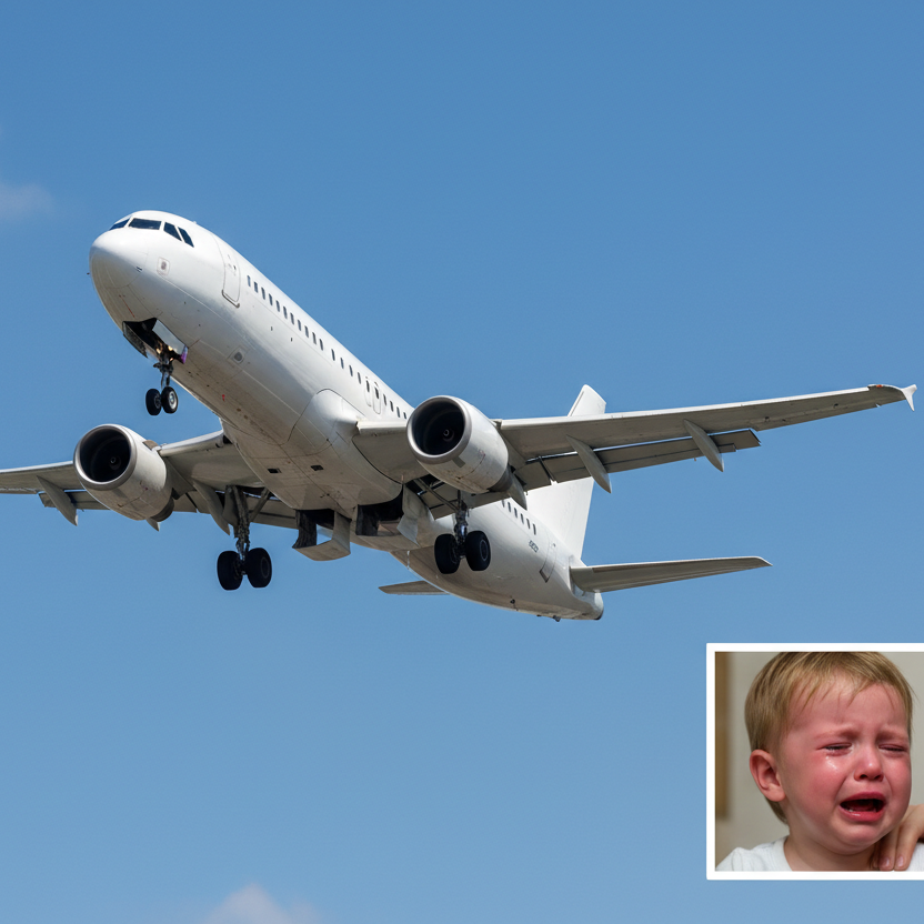 and airplane taking off, with an inset photo of a small child being told something and crying